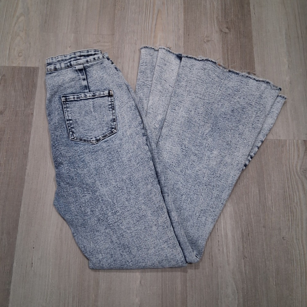 Peach Love California Acid Wash High Waisted Flare Bell Bottom Jeans Blue Medium